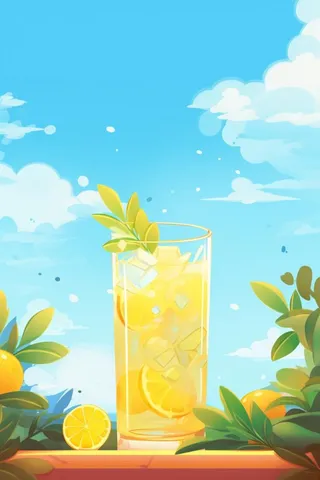 清新蓝天冰饮柠檬冰块插画背景