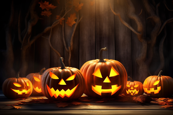 a group of pumpkins sitting on top of a wooden floor, digital art by Stefan Gierowski, shutterstock, digital art, jack-o-lanterns, glowing pumpkins under a tree, halloween atmosphere 