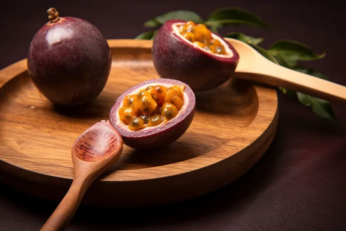 百香果勺子挖开水果摄影图(4032x2688)