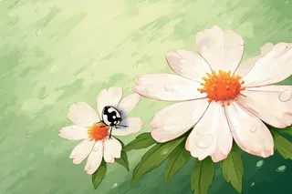 春夏白色花朵绿叶瓢虫昆虫卡通插画绿色背景