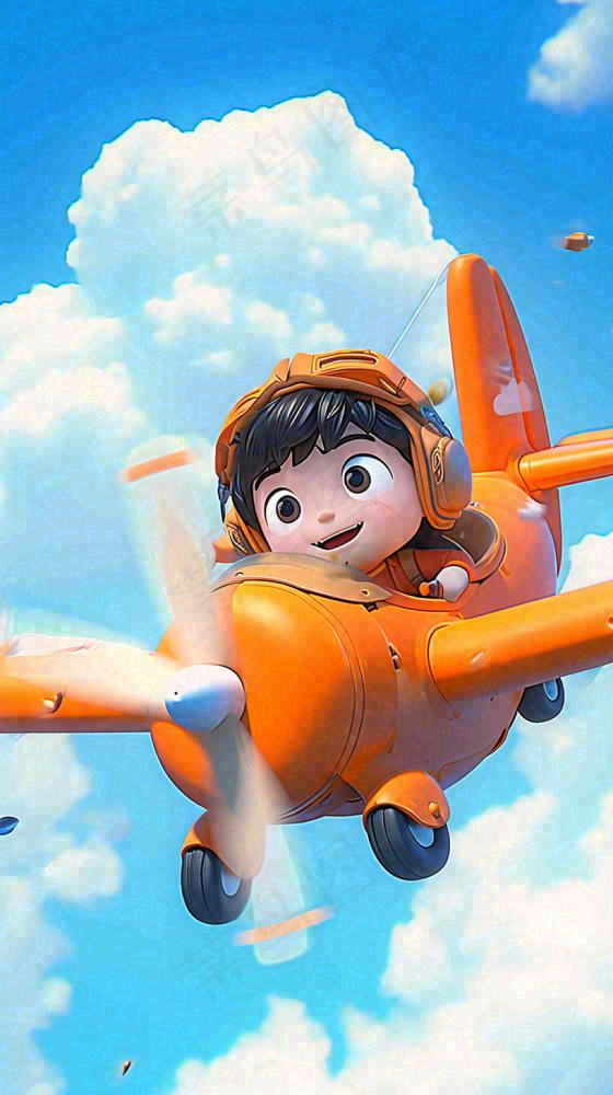 卡通少年男孩飞行飞机玩耍，可爱儿童节，天空白云