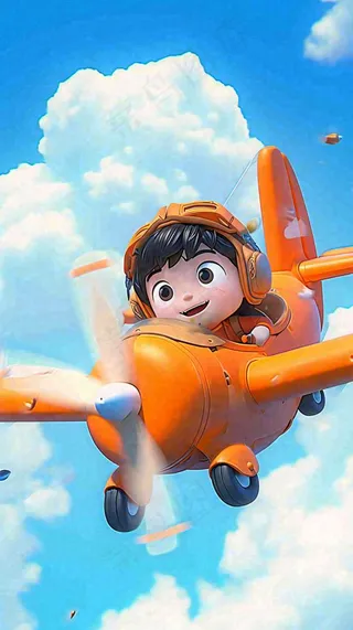 卡通少年男孩飞行飞机玩耍，可爱儿童节，天空白云