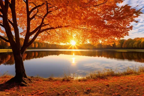 秋天在湖边的树叶红了摄影图 秋天在湖边的树叶红了摄影图