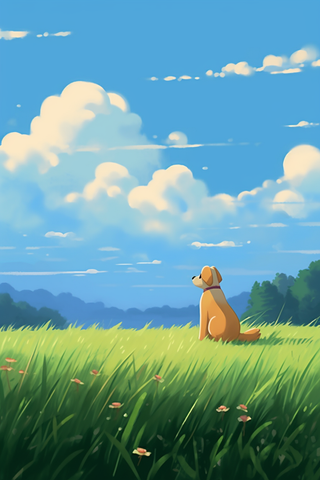 夏日高山草坪里的小狗天空白云卡通插画