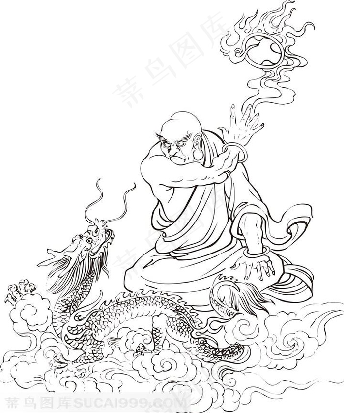 腾云驾雾降龙的僧人罗汉线描矢量PNG绘画图片