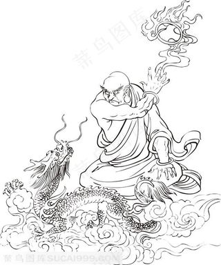 腾云驾雾降龙的僧人罗汉线描矢量PNG绘画图片