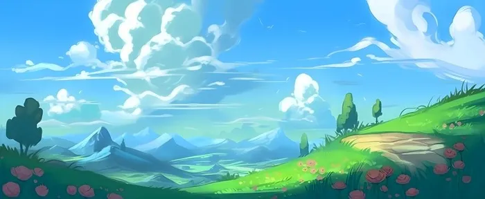 春天蓝天白云草原绿色树草地手绘插画海报素材背景(6848x2816)