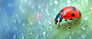 雨天雨水水珠上七星瓢虫动物爬行，彩色渐变摄影图