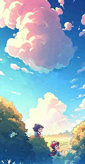 儿童节温馨蓝天白云热气球，活力玩耍卡通手绘插画