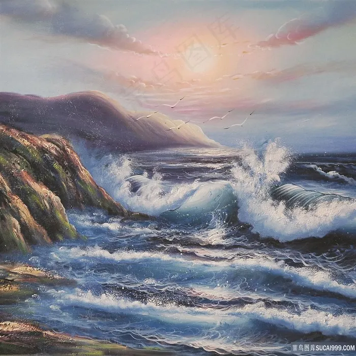 海浪海景唯美油画