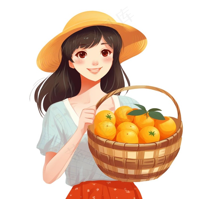 抱着一篮橘子的少女卡通插画免抠(1024x1024)