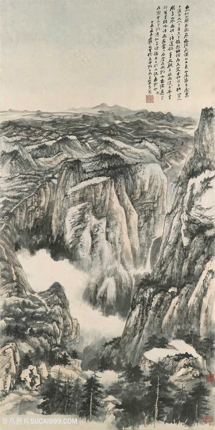 张大千手绘水墨巍峨山脉装饰画