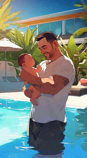 夏日泳池父爱父亲节家庭游泳，蓝天阳光，大暑小暑暑期