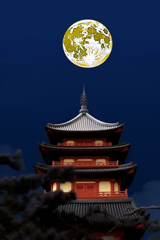 中秋夜晚圆月满月下的古建筑阁楼摄影图