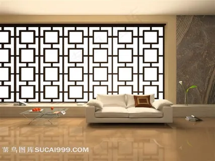 中式背景墙白色沙发室内装修图