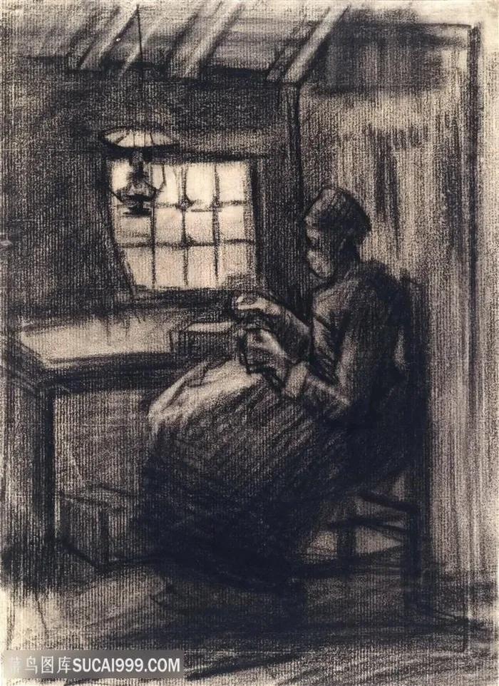 女子摇纱机素描人物装饰画
