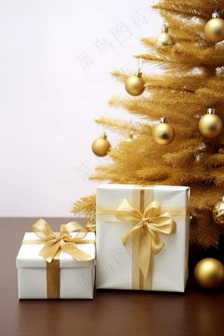 圣诞装饰金色圣诞树礼物摄影图