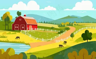 乡村村庄美丽风景河流插画农田插画背景