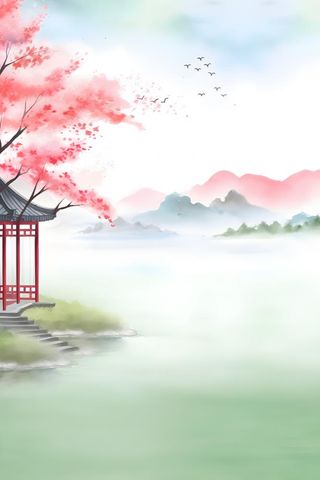 国风清新山河绿植背景