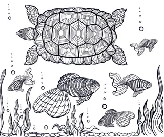 卡通手绘海洋动物黑白线描线稿