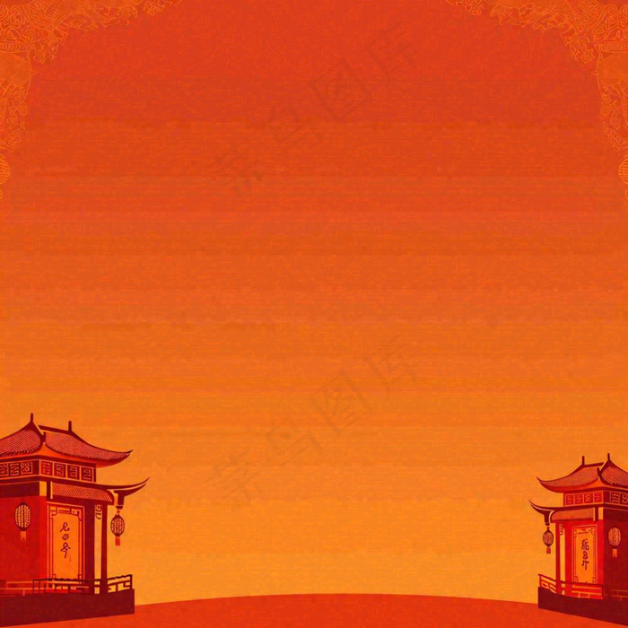 红色渐变国风建筑剪影，中国风简约