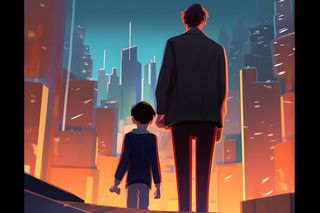 父亲和孩子亲情城市剪影背景