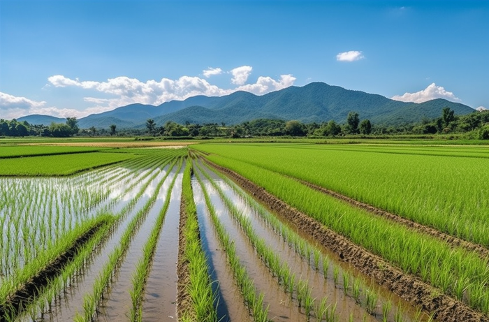 背景是蓝天的绿色稻田插秧摄影图