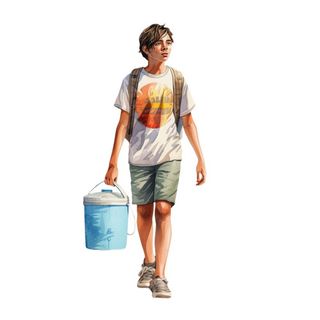 小男孩拿着水壶水桶浇水绿植草人物插画免抠