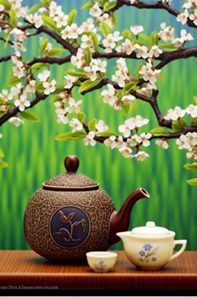 茶壶杯子梨花绿色背景(896x1344)