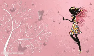 粉色背景唯美美女插画