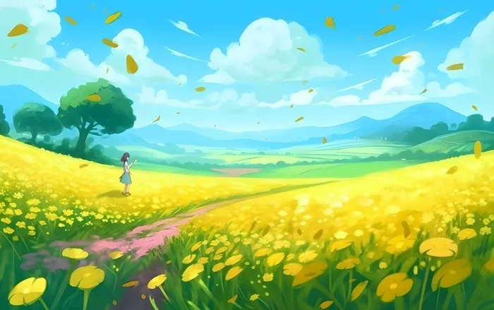 蓝天白云草坪草原人物黄色花朵手绘插画海报素材背景(5504x3456)