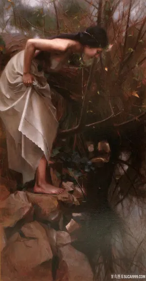 溪边玩耍的女人油画 溪边玩耍的女人油画