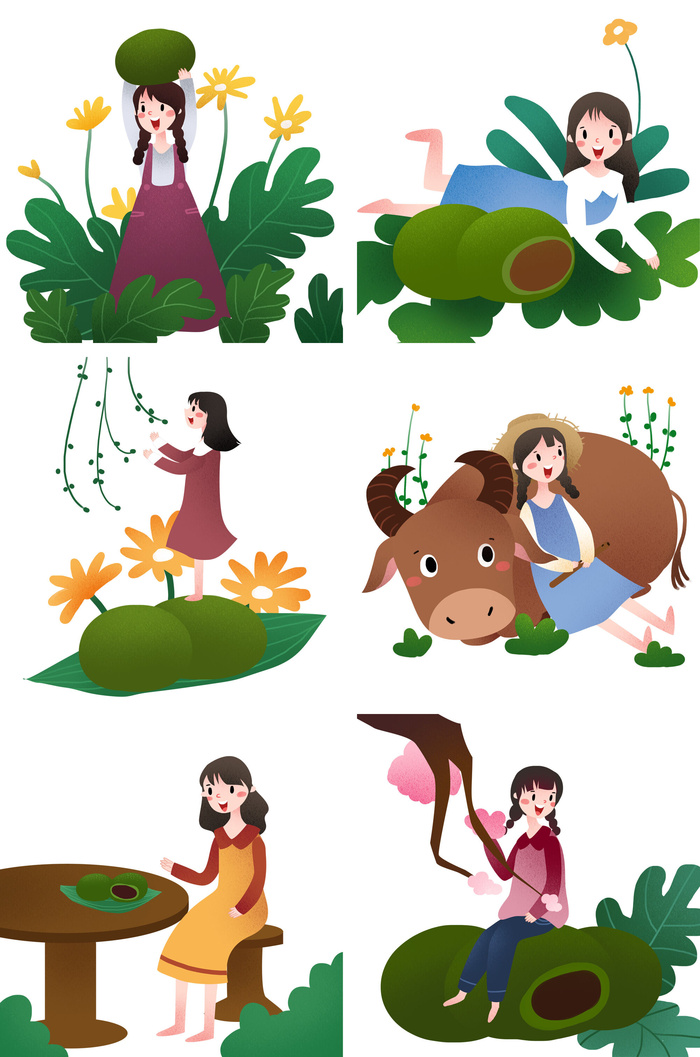 清明节青团卡通踏青人物男女孩放牛娃元素春季春游PSD设计PNG素材