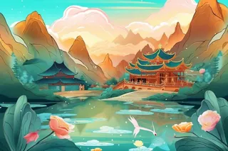 国潮国风夏季山水建筑背景