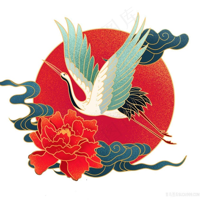 中国风仙鹤牡丹花日出