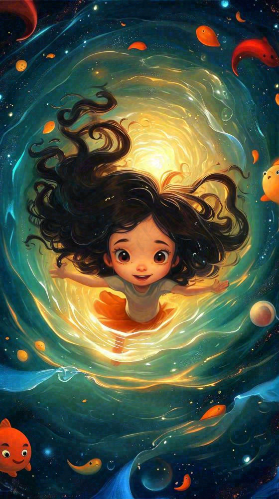 炫酷浪漫海洋海底水底可爱女孩手绘插画，鱼类水母生物(816x1456)
