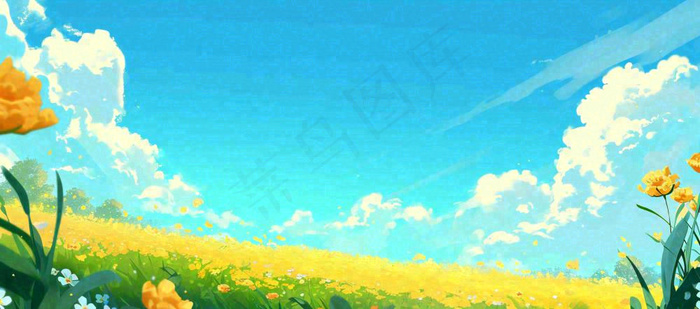 春日草地鲜花清新郊外草坪蓝天白云，春分(1632x720)