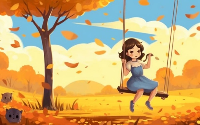 秋天女孩在树上荡秋千黄色落叶插画背景