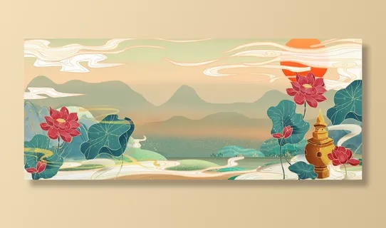 国潮夏天荷花荷叶手绘插画中国风山水墨海报背景PSD设计素材