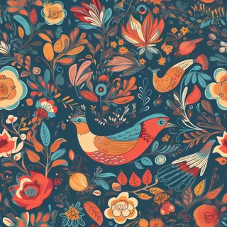 花鸟图，插画风格，无缝贴图，素材