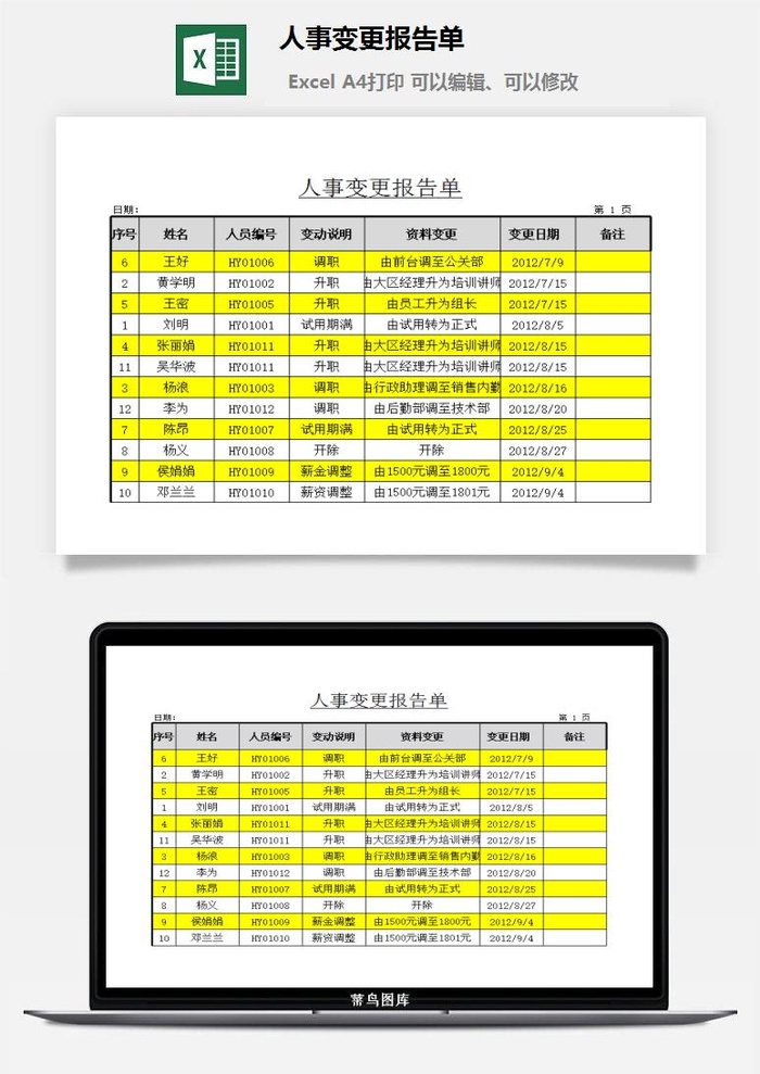 人事变更报告单excel模板