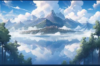 写实风格大场面风景湖泊高山森林插画