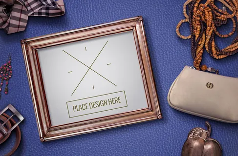 蓝色相框化妆品皮革背景俯视图 蓝色相框化妆品皮革背景俯视图