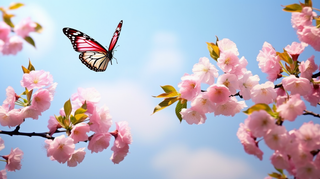 春天樱花树枝蝴蝶摄影图