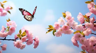 春天樱花树枝蝴蝶摄影图