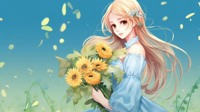 金发少女手捧向日葵花瓣卡通插画素材(x)