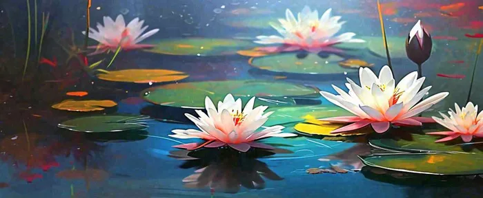 夏季池塘荷花荷叶盛开油画，小暑大暑夏至(1712x704)