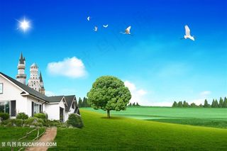 草地别墅风景画韩式自然背景