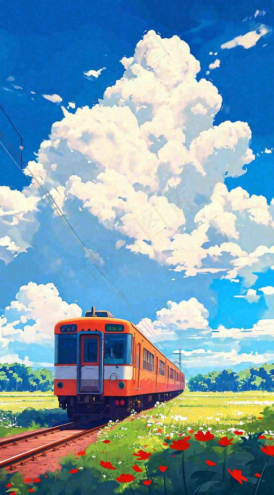 蓝天白云交通高铁铁路火车，草坪鲜花彩色插画