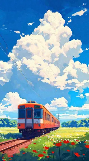 蓝天白云交通高铁铁路火车，草坪鲜花彩色插画